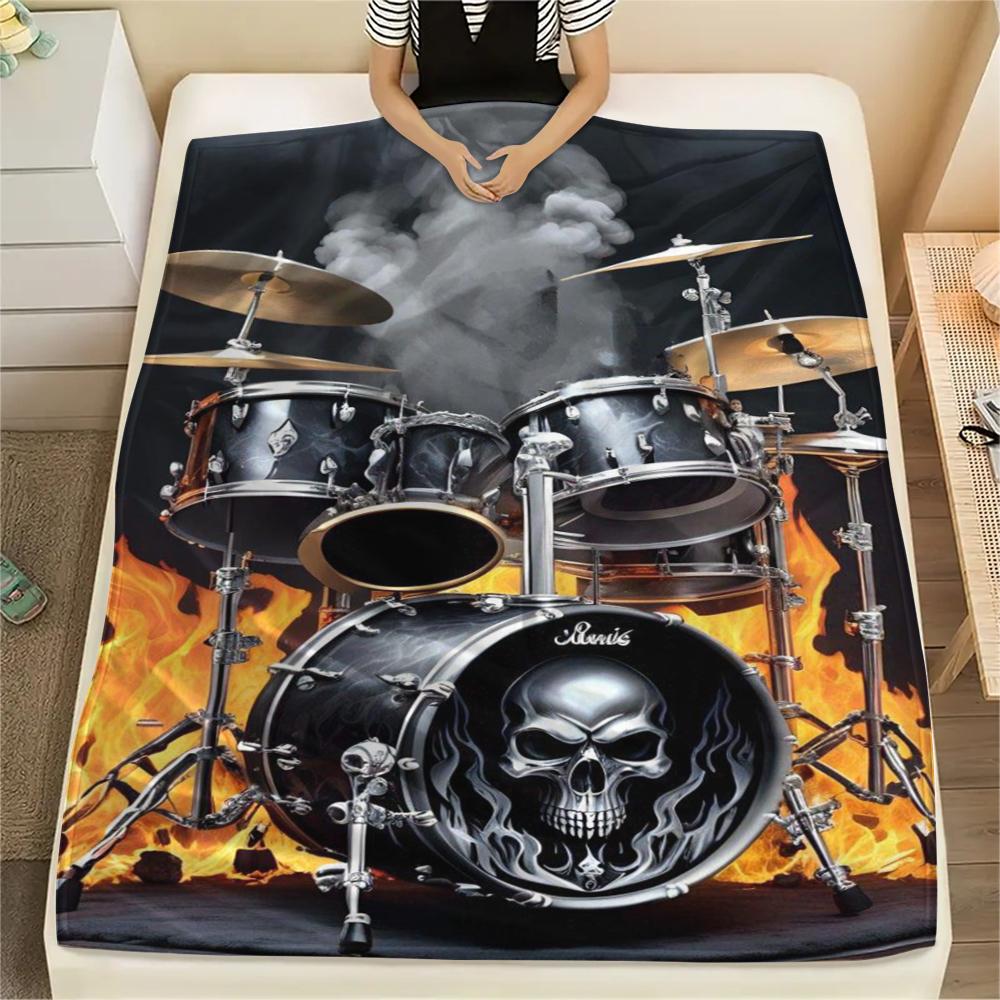 1Pc Drum Set Print Flannel Blanket, High Quality Comfortable for All Seasons, Home Decor, Warmth and Comfort, Perfect for Gifts