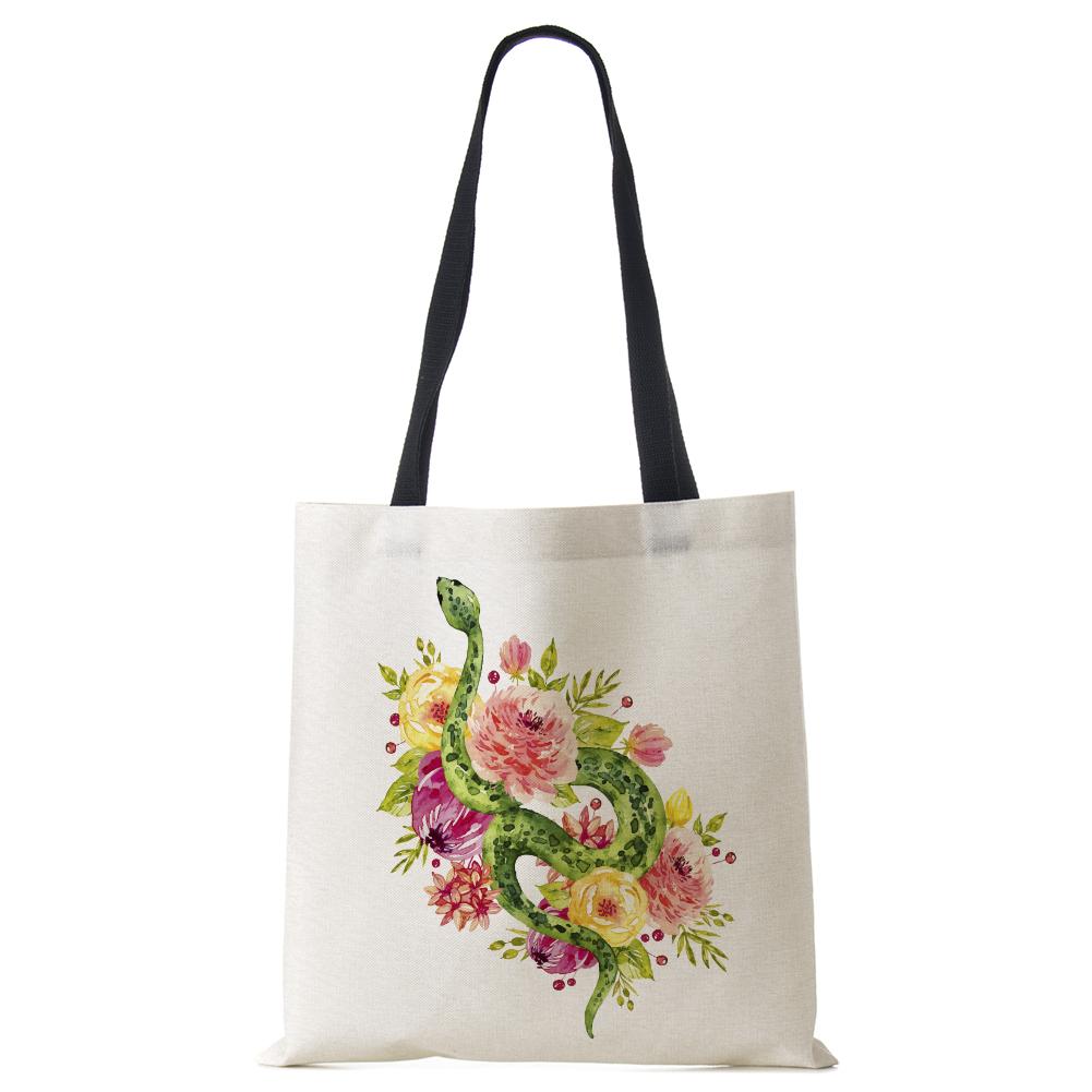 Flower Snake Women Shoulder Bag Letter Printed Reusable Shopper Tote Bag Harajuku Eco Canvas High Capacity Handbag CLE