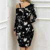 Women Plus Size Cold Shoulder Long Sleeve Black White Tie Dye Print Irregular Wrap Bodycon Midi Dress