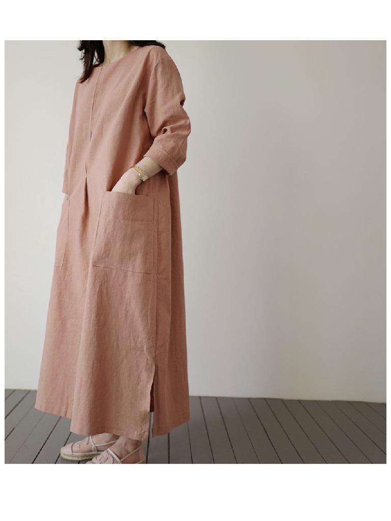 Women's Korean Style Cotton Linen Mid-Length Dress with Pockets - Plus Size, Loose Fit, Casual Fashion