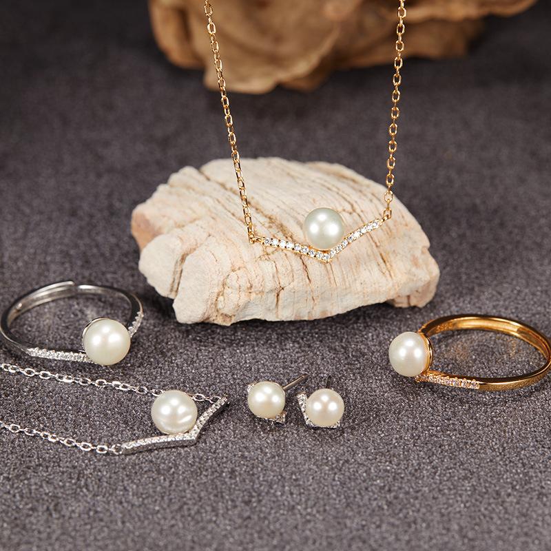 V-Shaped Autumn And Winter S925 Sterling Silver 18K Natural Freshwater Pearl Ring Index Finger Ring Cold Wind Light Luxury Niche Does Not Fade
