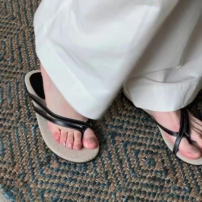 Dameslippers Lær Vevd Tå Kule Slippers Damesommer Ute Nye Rund Tå Flat Bunn Flip-flops Damesandaler