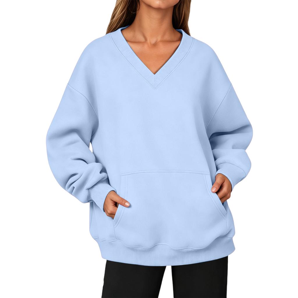 Women’s V Neck Long Pullover Sweatshirt with Pocket Loose Fit Casual Long Sleeve Top for Autumn and Winter
