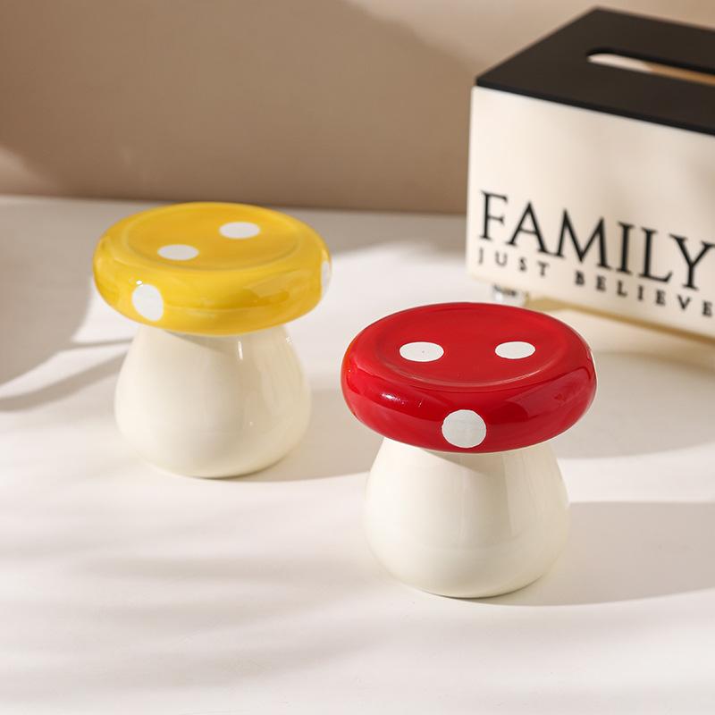 Cute Mushroom Ceramic Toothpick Holder Cotton Swab Storage Jar for Home Living Room Desktop Organizer