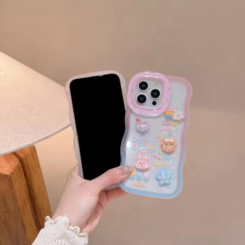 Cartoon 3D Bracket Phone Holder Case For IPhone 16 15 14 13 12 11 Pro Max Plus X XS XR Rainbow Love Heart Holder Stand Cover
