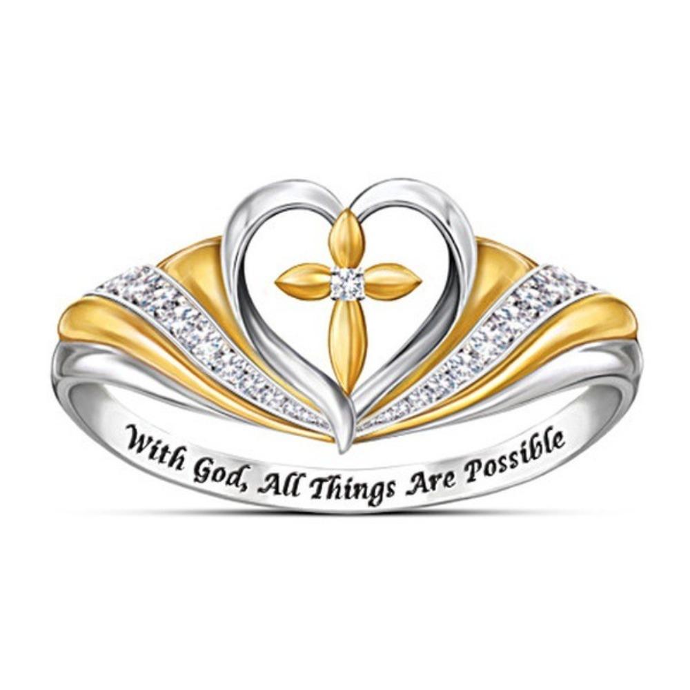 Open Ring Cross Heart Shape Micro Inlaid Ring God With Me Bicolor Women Ring Fashion Jewelry no. 9
