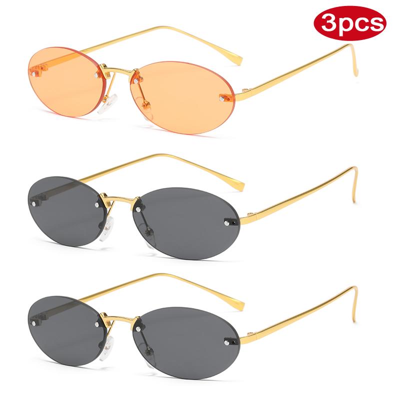 3pcs Trend Rimless Oval Sunglasses Women Rivet Small Thin Frame Frameless Luxury Metal Shades Brand Design Sun Glasses UV400