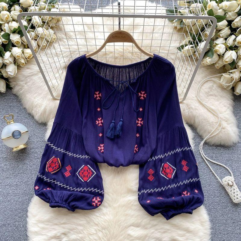 

Ethnic Style Puff Sleeves Autumn Lace-up Socialite Shirt Navy blue One size
