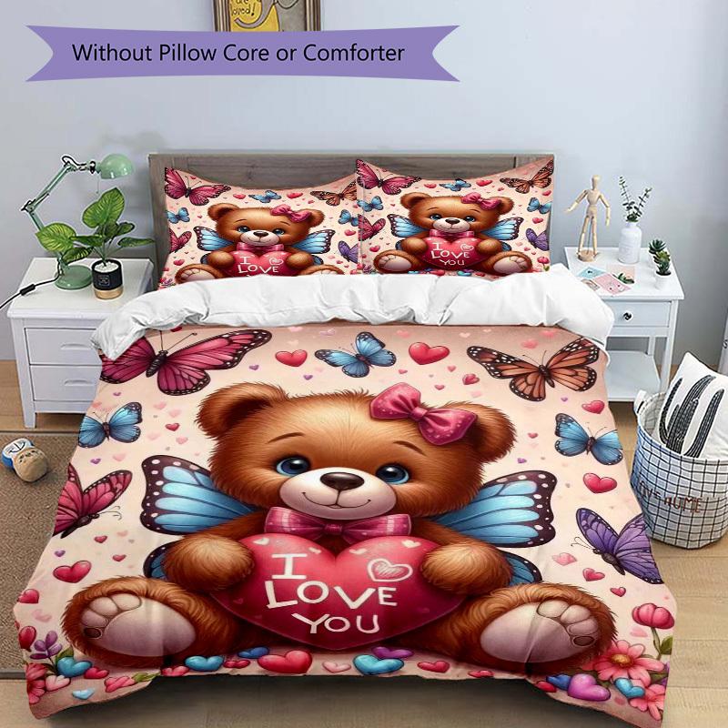 3pcs Anime Teddy Bear 'I Love You' Bedding Set - Includes One Quilt Cover and Two Pillowcases (No Filling) - Polyester Fabric, Perfect for B