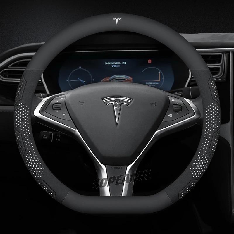 TDMC1 For Tesla Roadster Model 3 Model Y Model S Model X Car Leather Carbon Fiber Anti-Slip Protector Steering Wheel Cover Accessories