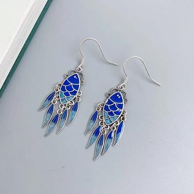 National Style   Tassel Fish Blue-green Earrings for Women Long Style Vintage Exaggerated Enamel Koi Earings Jewelry