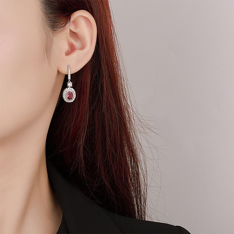 Jewelry Copper Bottom Gold-Plated Retro Simulation Red Corundum Blue Spinel Stud Earrings, Main Stone 5 * 7