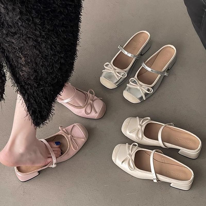 2025 Summer New Fairy Style Bow Ballet Shoes Women's Wear Silk and Satin Surface One Word with Bag Head Single Shoes