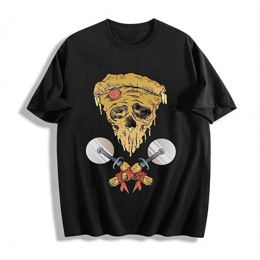 Skull Pizza Print Cool Street Style Casual Short Sleeve T-Shirt Pure cotton T-shirt XXS