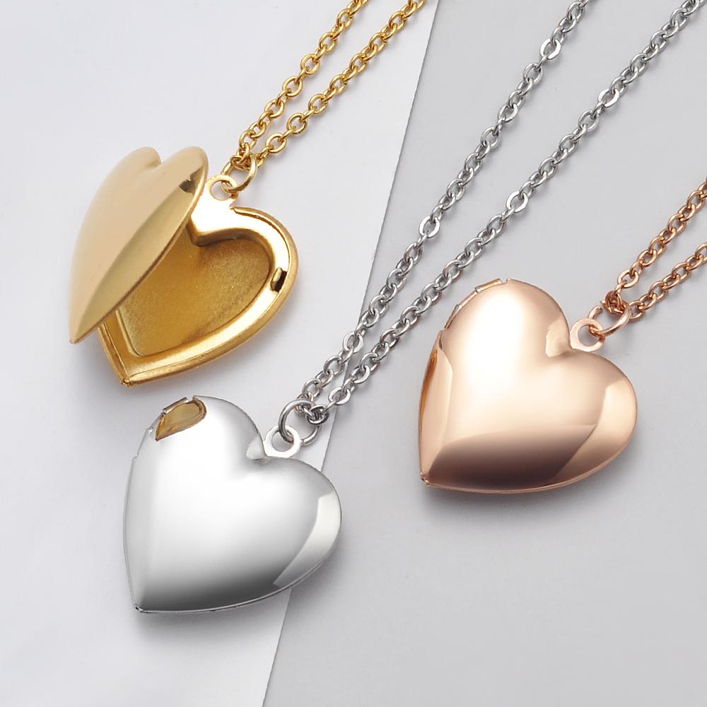 3pcs/lot Mirror Polish Stainless Steel Necklace Heart Photo Frame Memory Locket Pendant Necklaces 45/50/60cm