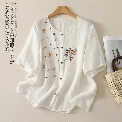 DIMANAF 2026 Summer New Plus Size Women Blouse Shirt Cotton Linen Vintage Embroidered Floral Short Sleeve T-shirt Lady Tops