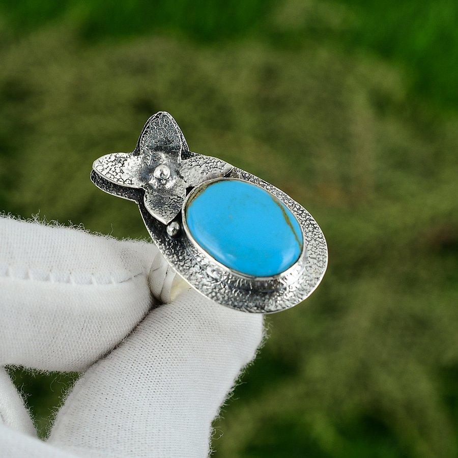 Oval Natural Arizona Turquoise Sterling Silver Wife Promise Bezel Ring Jewelry Adjustable
