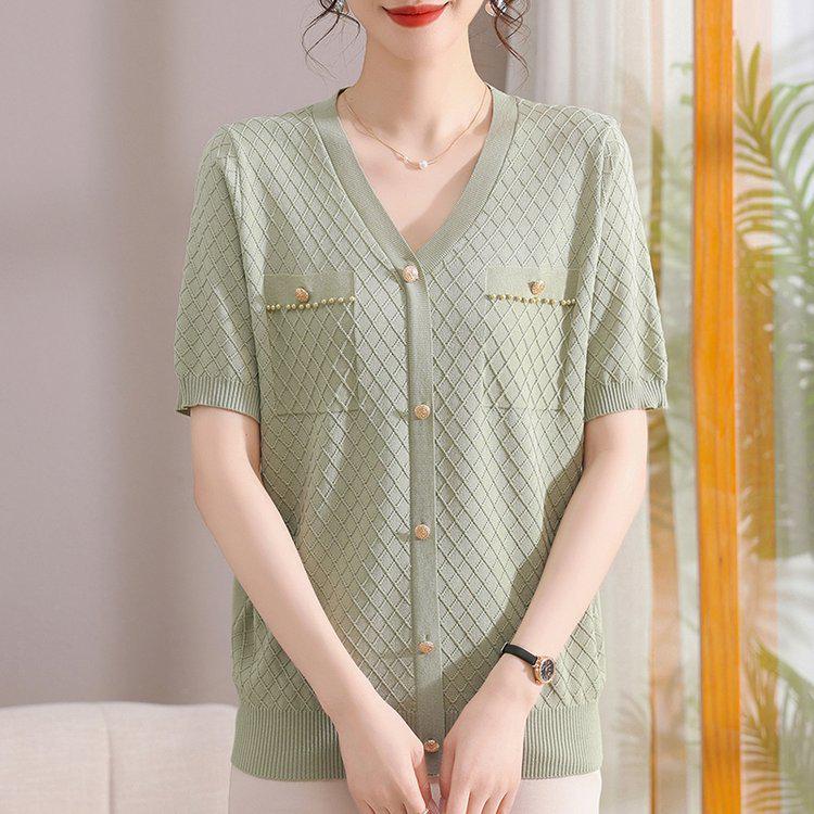 

Trendy Women s Green Diamond Pattern V-Neck Short Sleeve T-Shirt & Thin Cardigan Set XL (suggested weight 45-57.5kg) зелений
