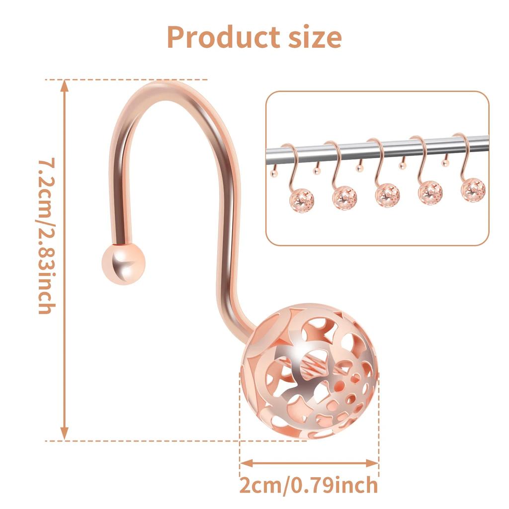 12Pcs Shower Curtain Hooks Metal Anti Rust Hooks Bathroom Accessories Shower Curtain Rings Decorative Hooks for Bathroom Home