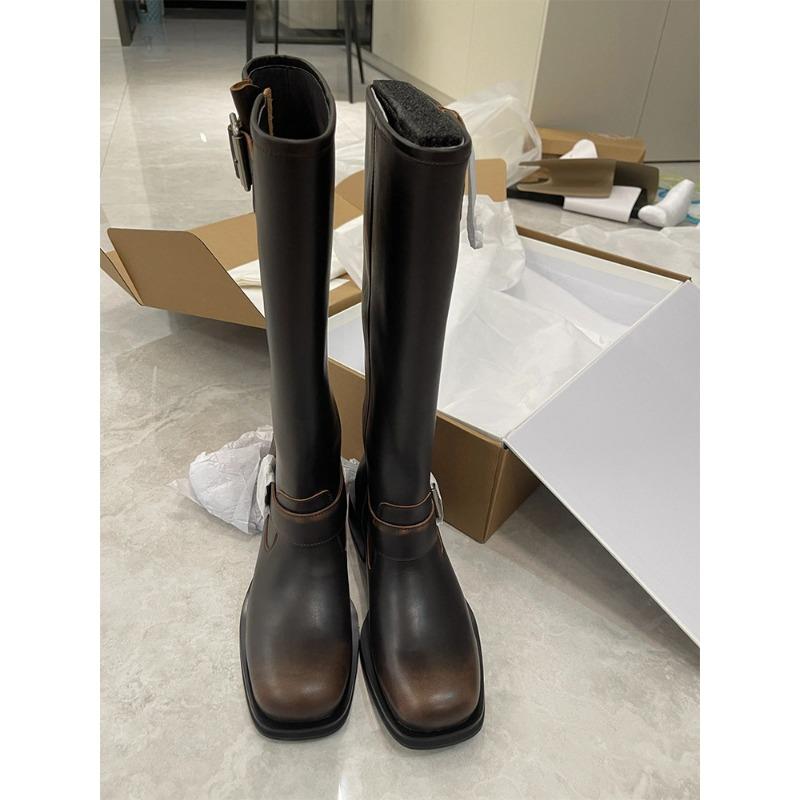 Hand-polished old retro short boots women's big tube circumference Spice girl style belt buckle knight boots tide