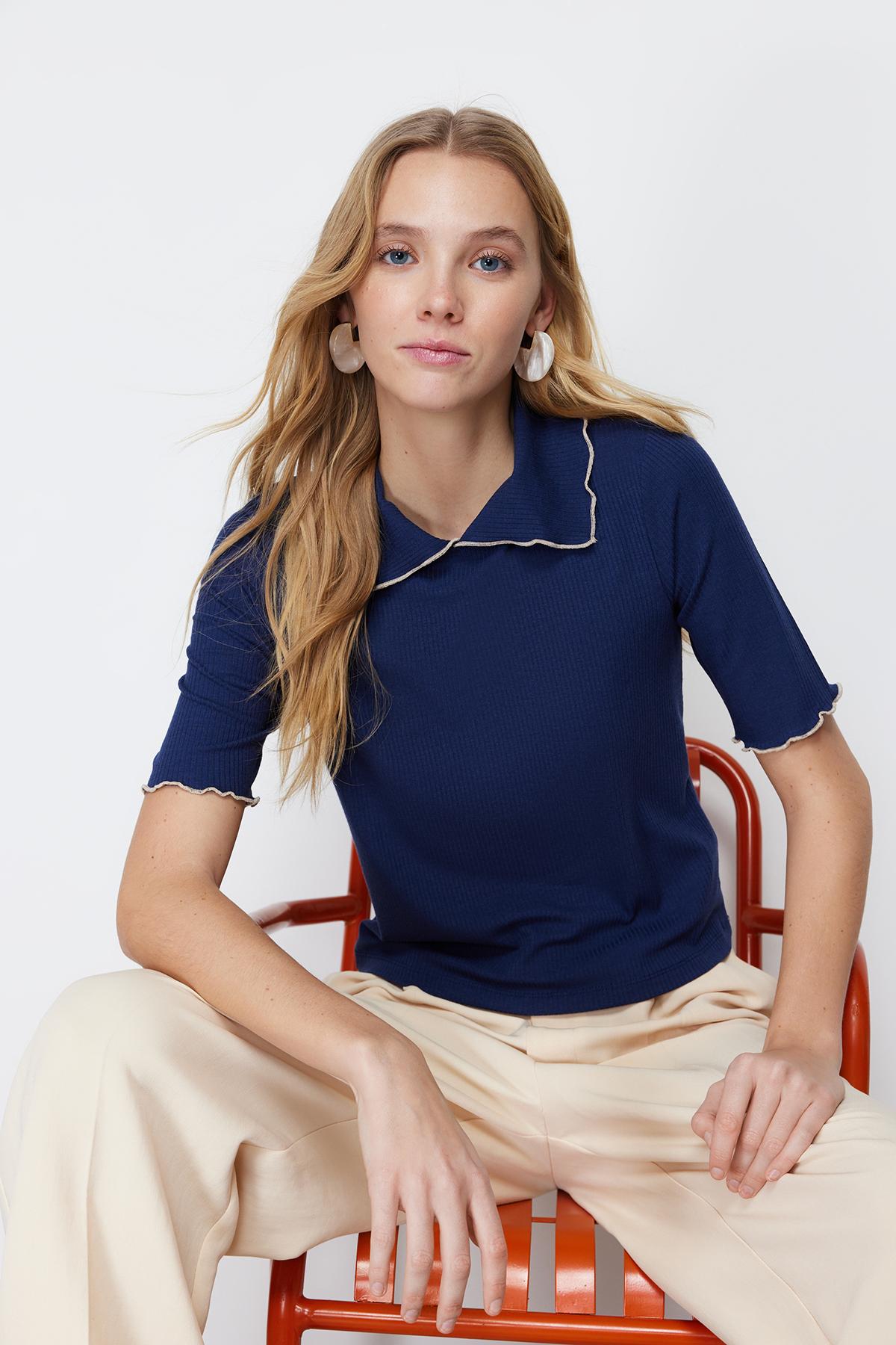 

Women s Fashion New Blouse Navy Blue Collar Detailed Fitted Knitted Blouse M