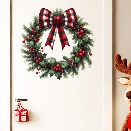 Christmas Wreath Stickers Removable Wall Decals Holiday Pine Cones Bow Wreath Patterns Stickers for Home Window Glass Door Decor