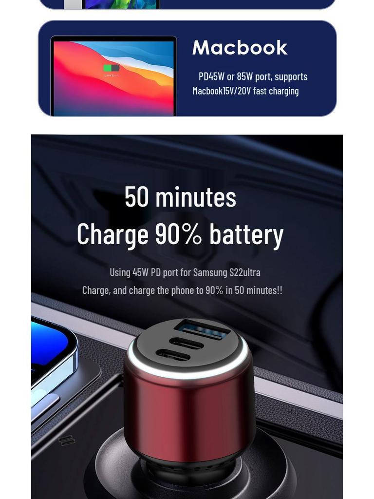 100W rychlá nabíječka do auta pro Apple, Samsung, Huawei - kompatibilní s PD pro mobilní telefony a notebooky