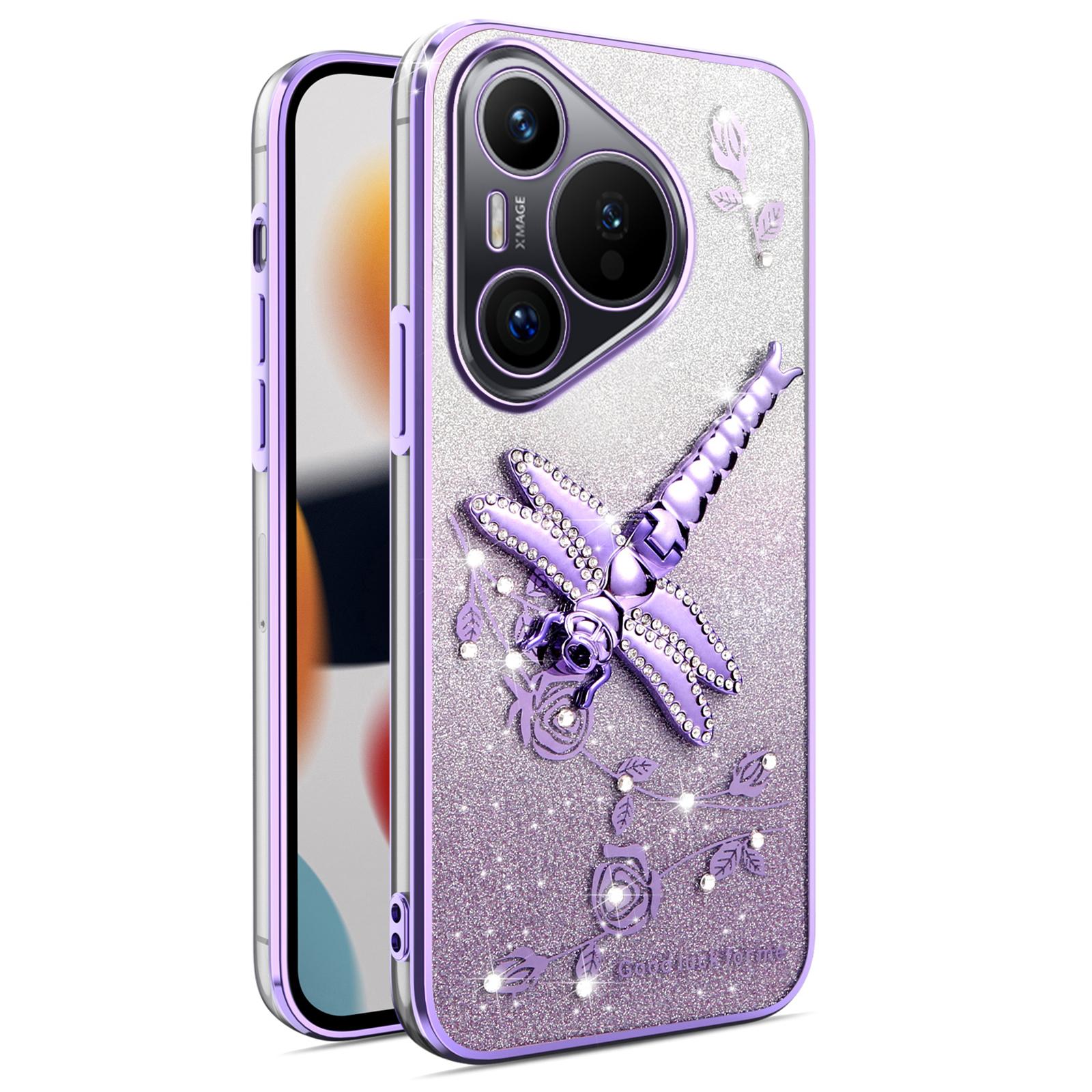 

KADEM For Huawei Pura 70 Case Dragonfly Kickstand TPU Flowers Glitter Phone Cover B