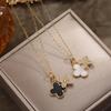 Korean Luxury Double-Layer Clover Necklace: Titanium Steel, Diamond Accents, Black & White Mother-of-Pearl Clavicle Jewelry