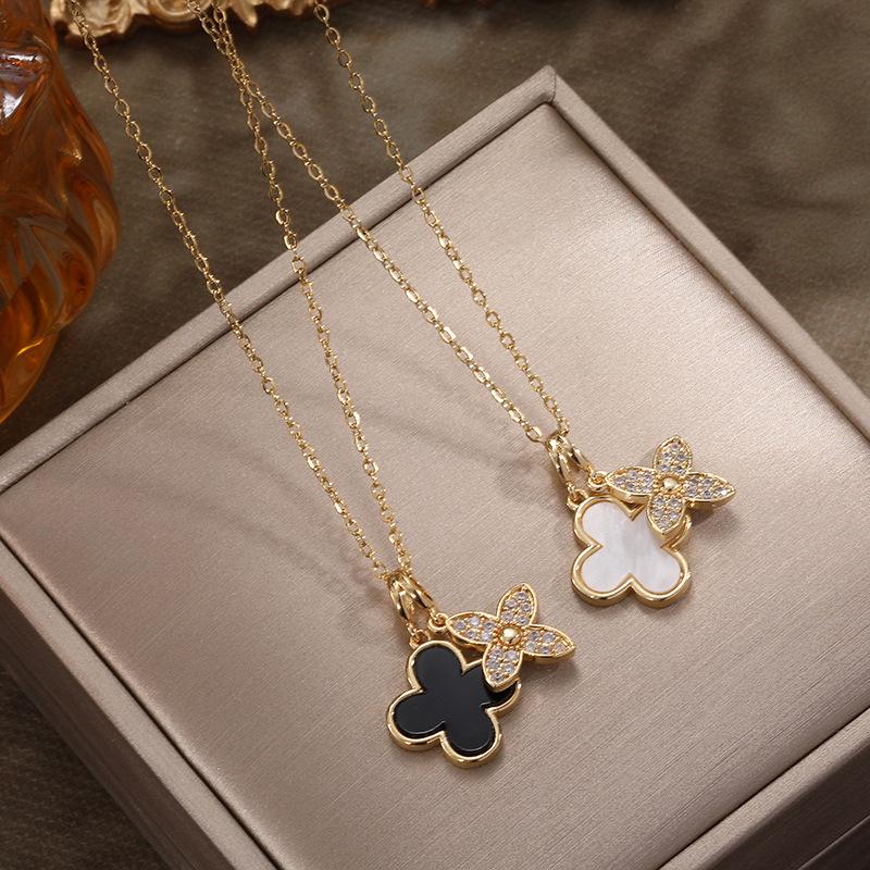 Korean Luxury Double-Layer Clover Necklace: Titanium Steel, Diamond Accents, Black & White Mother-of-Pearl Clavicle Jewelry