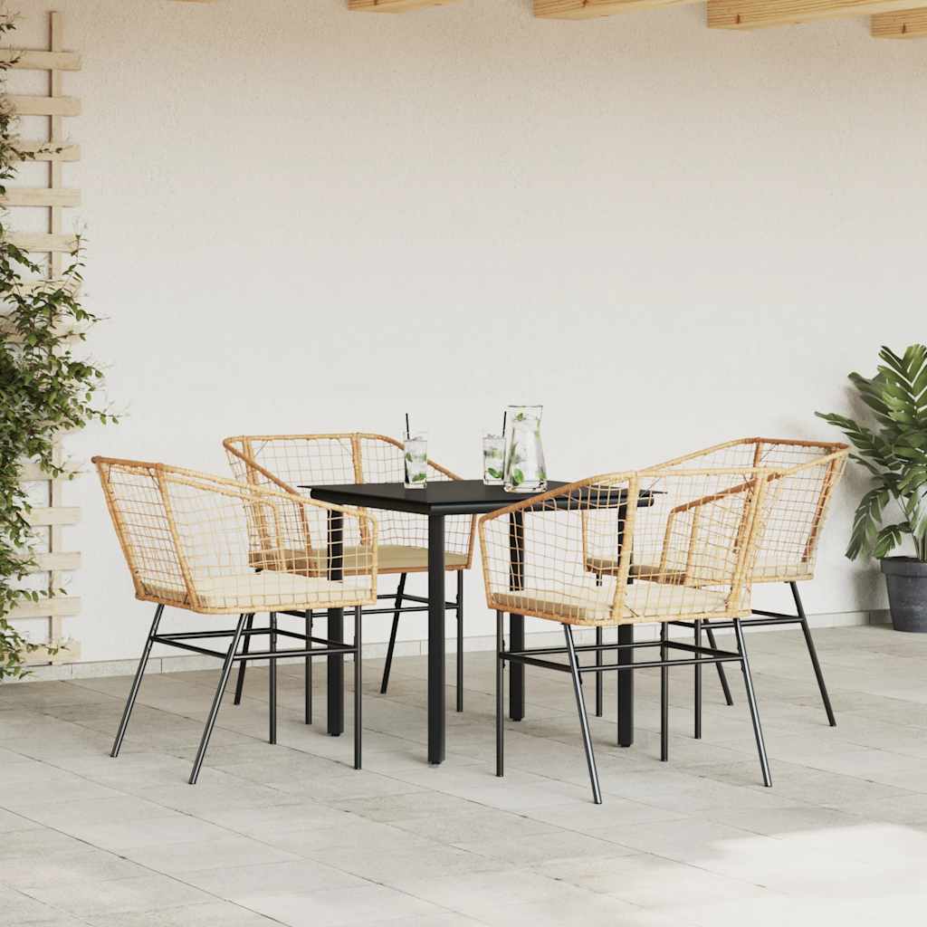 5 Piece Outdoor Dining Set with Cushions Brown Poly Rattan & Glass