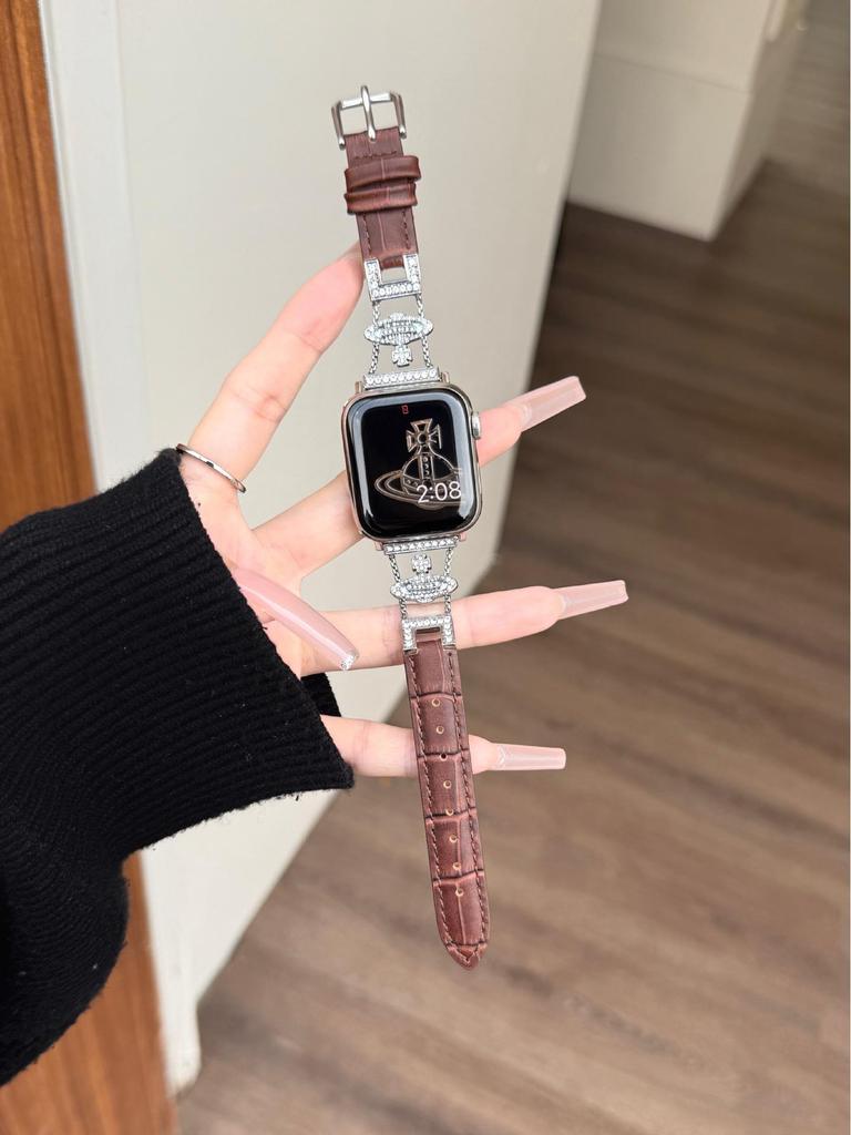 Kejsarinnan Saturnus Diamant Bambu Läderarmband för Apple Watch 11/Ultra/SE