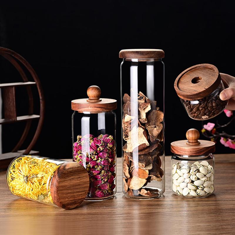 Glasbehälter mit Holzdeckel, luftdicht, für Teeblüten, Süßigkeiten und Kaffee, Küchenaufbewahrungsglas