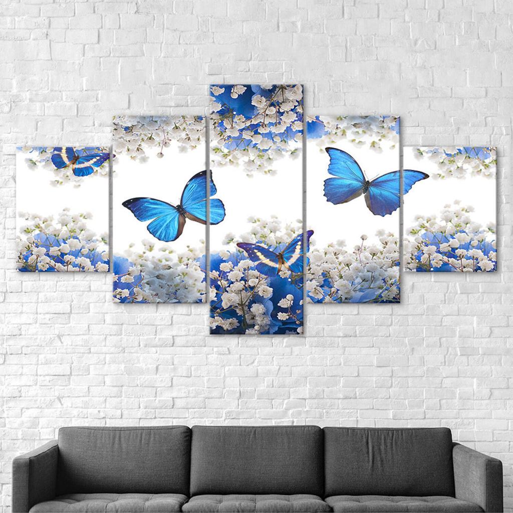 Blue Butterfly White Flower Scenery 5 Piece Canvas Wall Art Multi Panel Print Modern Poster Home Decor Picture Gift For Him For Her