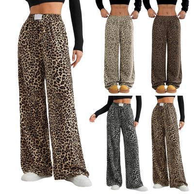 Damen High Waist Hose mit Leopardenmuster und weitem Bein  Freizeithose mit geradem Bein