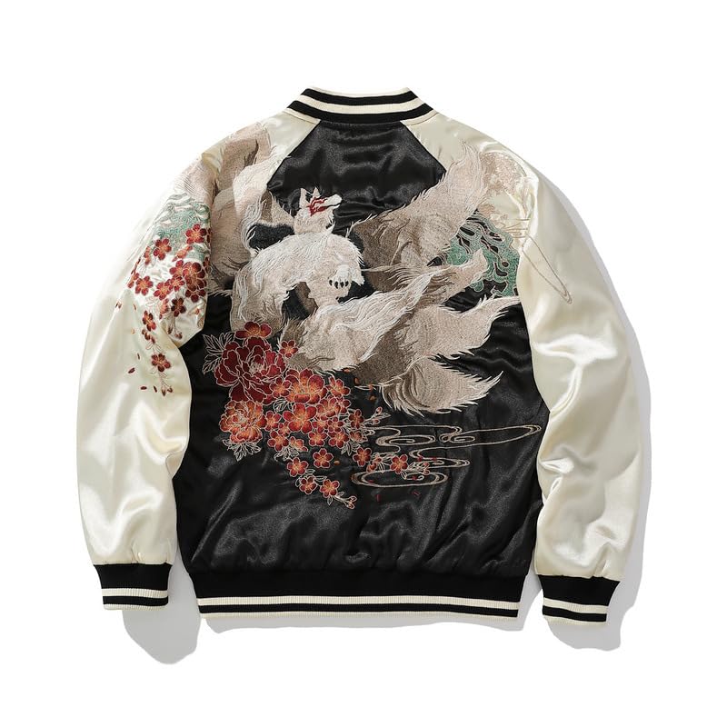 

Nine tail embroidery Sukajan embroidery gold and silver lines stylish luxury Sukajan outerwear jumper unisex FUN210 [East Rain]