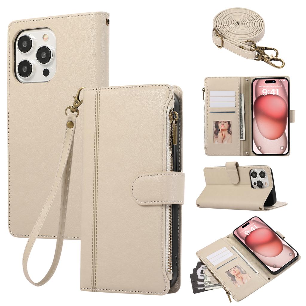For iPhone 15 Pro Case Multi Card Slots Zipper Leather Phone Cover with Shoulder Strap/Wrist Strap
