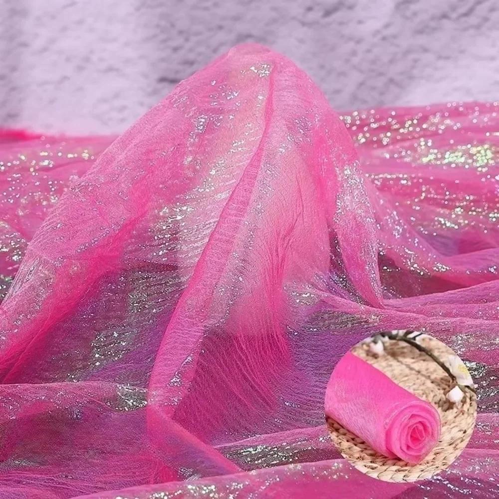 100x140cm Rainbow Laser Yarn Fabric Wrinkled High-Density Organza Fabric Texture Designer Illusion Color Iridescent Organza
