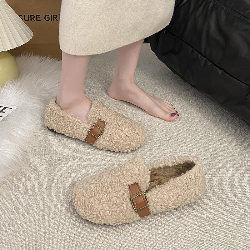 Flat-bottomed one-pedal lazy fluffy shoes for women to wear 2025 new autumn and winter velvet beanie single shoes cotton shoes