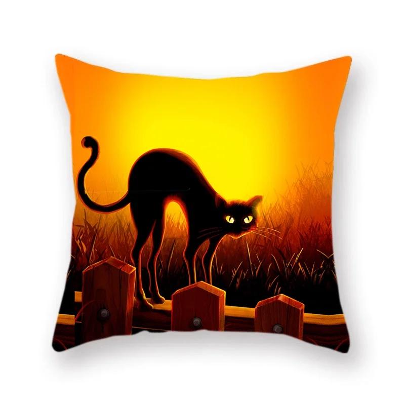 Halloween Carnival Pumpkin Black Cat Bat Print Polyester Pillowcase Sofa Square Decorative Cushion Cover 45X45Cm Fundas De Cojin