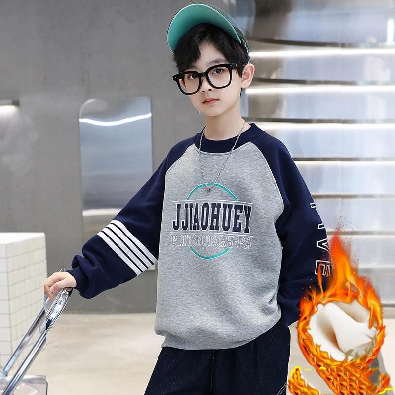 Boys' Fleece Lined Sweatshirt Winter Thick Warm Pullover Kids Contrast Color Raglan Sleeve Top
