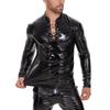 Men's PU Leather Mirror Surface Stand Collar Jacket - Black Slim Fit, Lace-up Style with Long Sleeves.