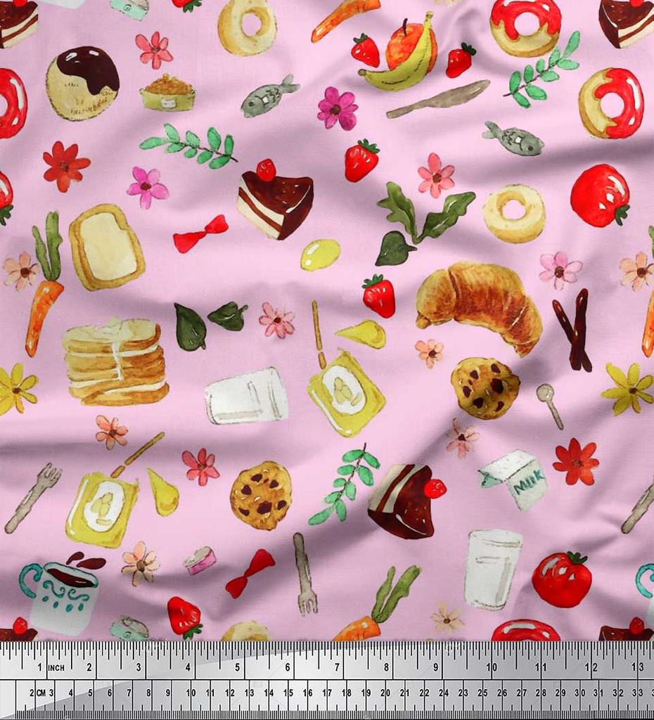 Soimoi Japan Crepe Satin Fabric Fruits,Bread & Donut Food Decor Fabric Printed metre 42 Inch