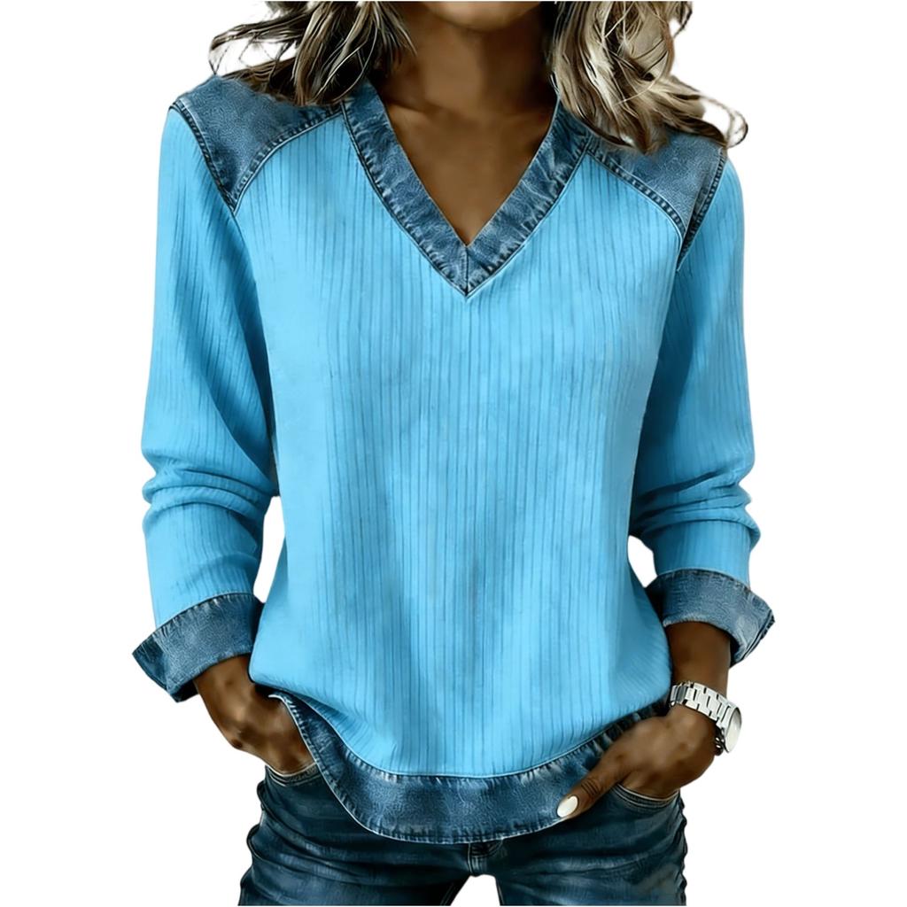V Neck Long Sleeve Casual Blouse for Women with Denim Trim Versatile Spring Tops for Women and Summer Tops for Women