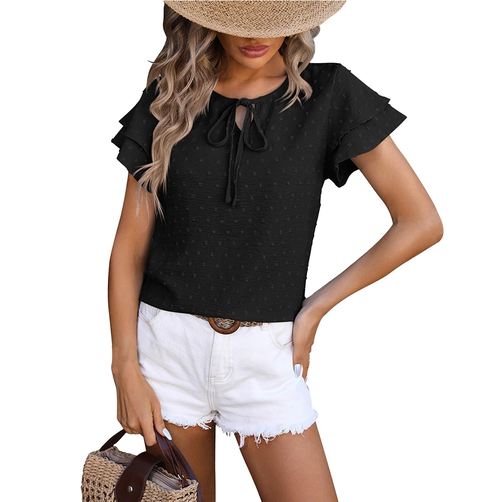

Women s Fashion Round Neck Tie Bow Chiffon Hairball Shirt Fly Sleeve Top