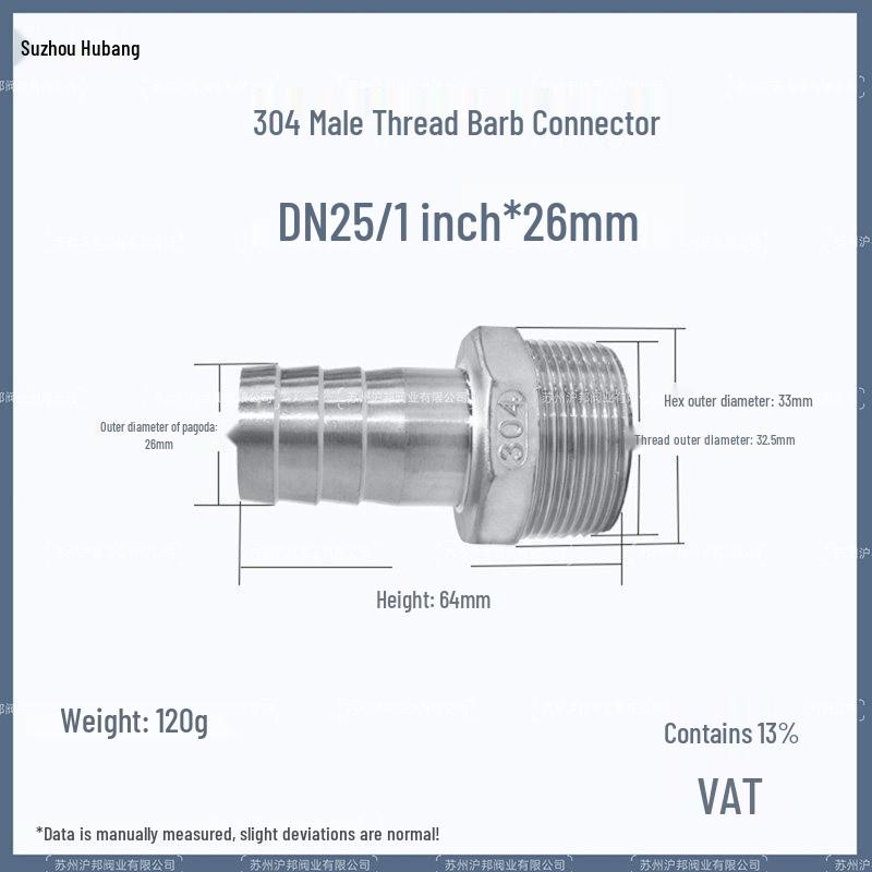 1" Hexagonal Barb Connector, 304 Stainless Steel for Water Pipe Hose, 316 Male Thread Plug