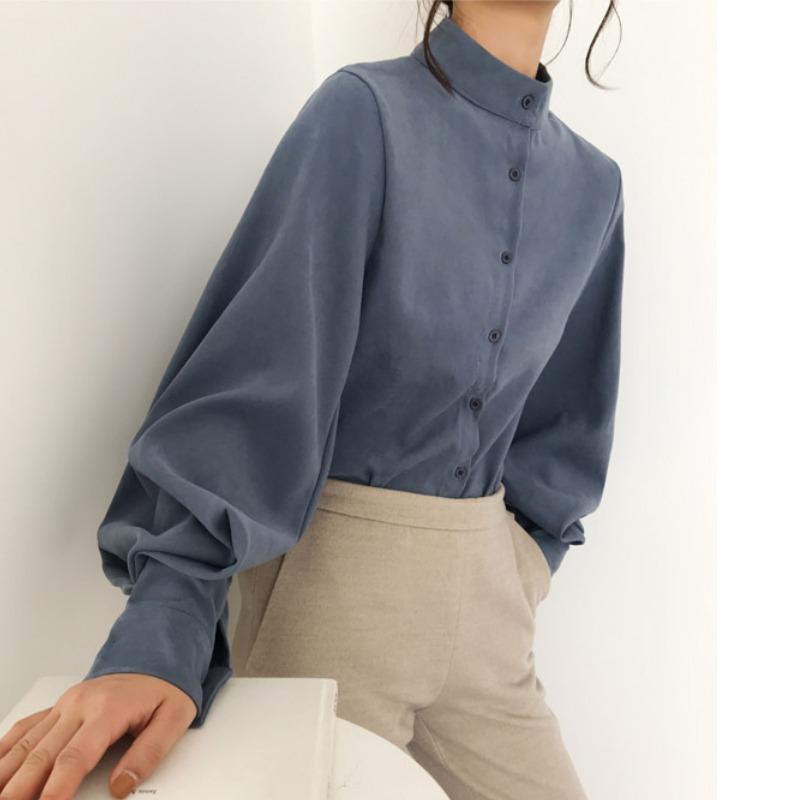 Vintage Stand Collar Loose Lantern Sleeve Shirt for Women Fashion Autumn New Solid Elegant Casual Women's Blouse Button Up Fashion Lady Blouses 25341