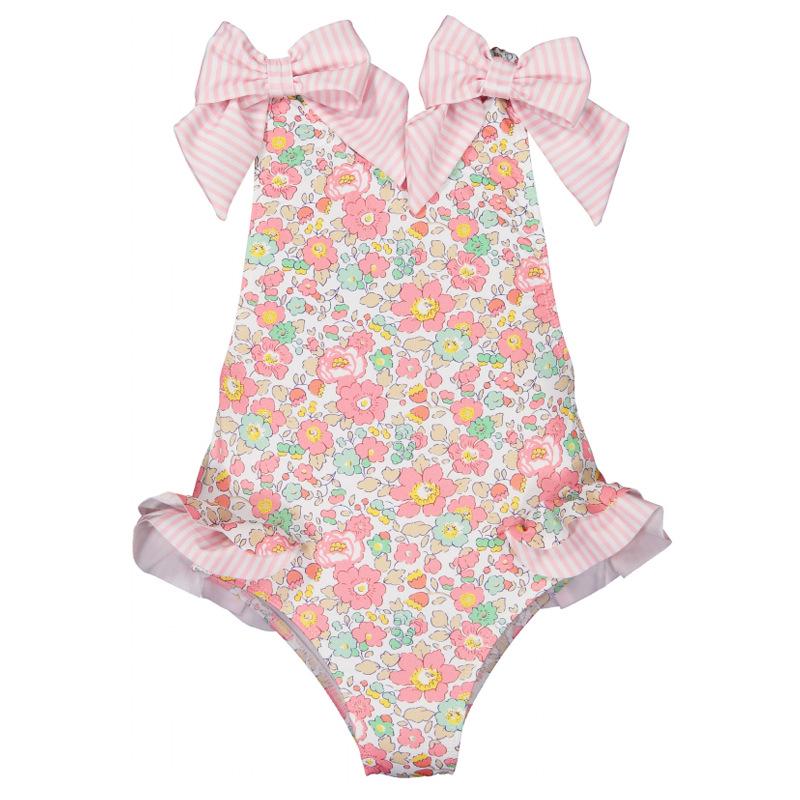 Summer Girls' One-Piece Swimsuit: Cute Blue and Pink Print