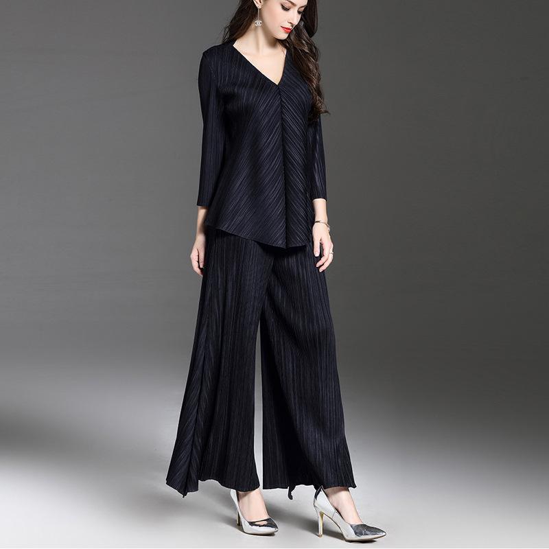 

Весна 2025 Miyake Приталенный Модный Плиссированный Костюм-Двойка - Lingying 7701 One Size синий/чёрный