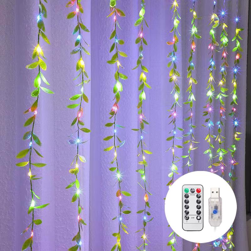 USB Artificial Leaf Willow Vines LED Lights String 8 Modes Remote LED Curtain String Light for Wedding Party Christmas Decor